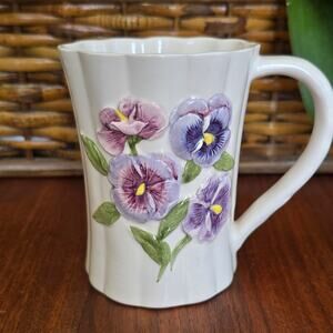 Vintage Otagiri Pansy Floral Mug Embossed Scalloped Cottagecore Gardencore Viola